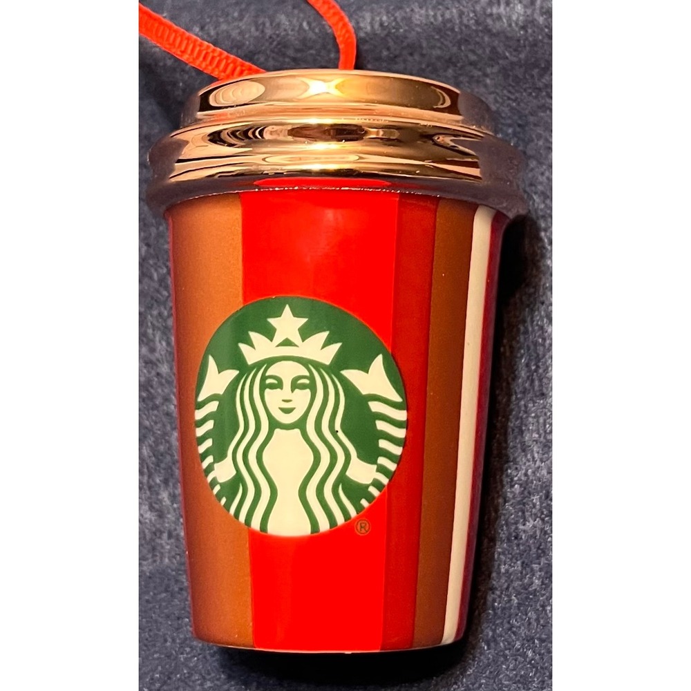 Starbucks 2018 Holiday Red Stripe Ceramic Coffee Cup Ornament Metallic Gold Lid